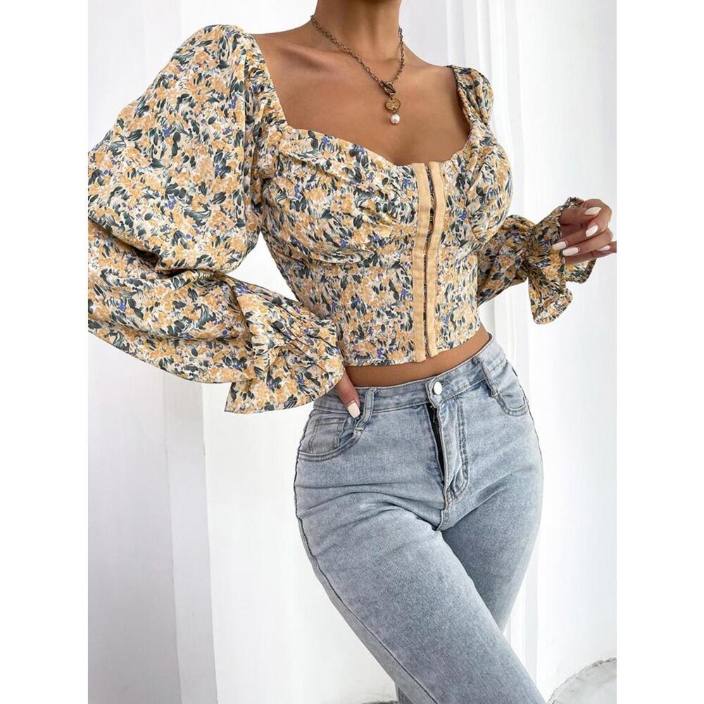 Shein Floral Puff Sleeve Crop Top with Ruffle Cuffs Size XS